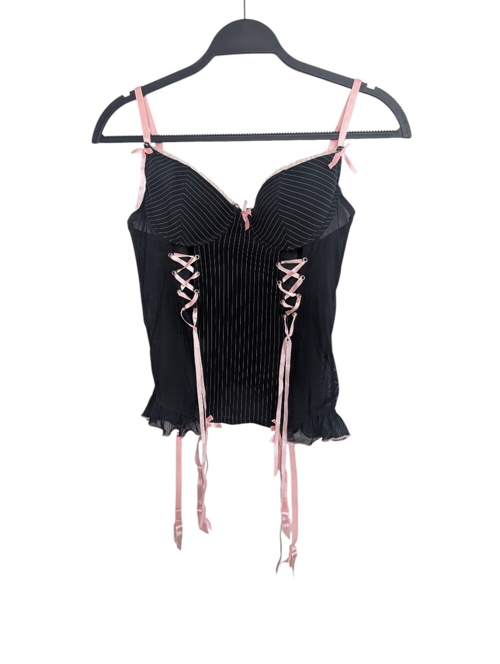 Vintage Y2K Morbid Threads Black Pink Ribbon Corset‎ Bustier McBling Size 34B